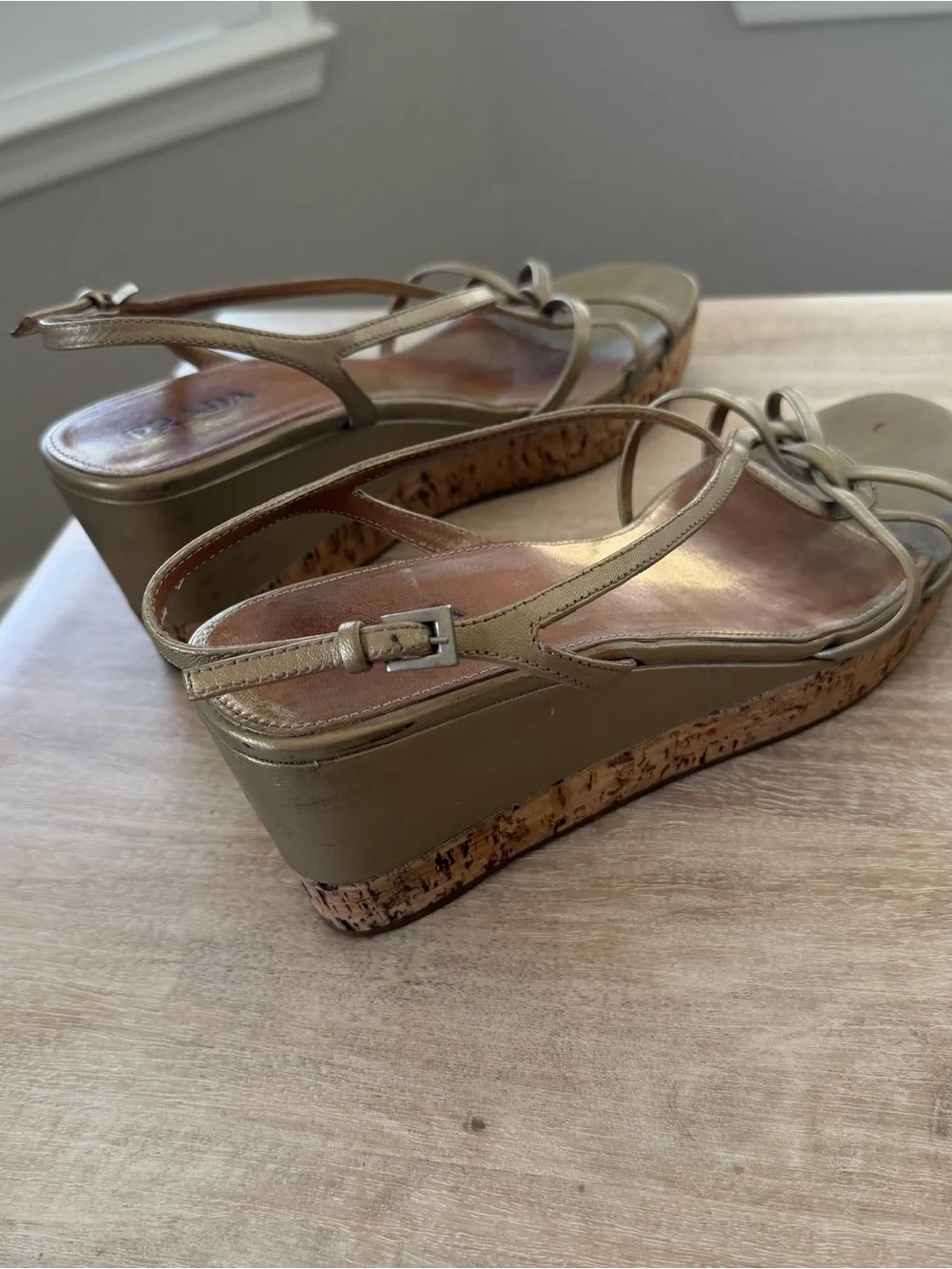 Prada Metallic Gold Cork Wedge Sandals Size 39.5